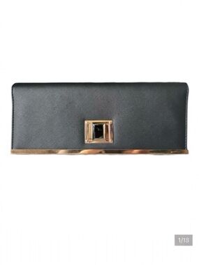 Rebecca & Rifka Black Faux Saffiano TurnLock Crossbody Clutch with Gold Chain